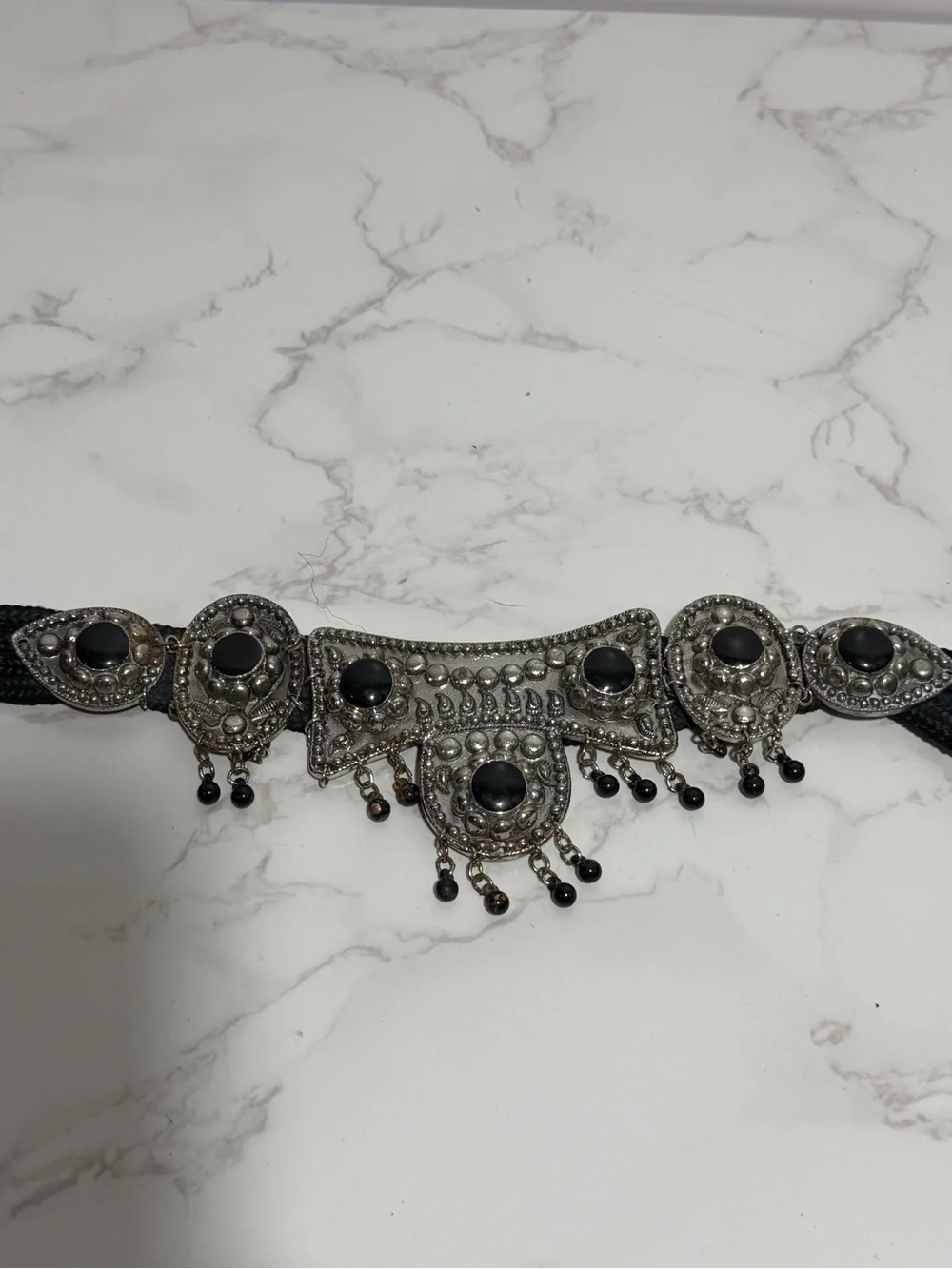Vintage Boho/Western Black Cord‎ and Silver-Tone Decorative Belt